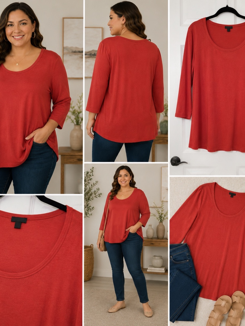 Nine West Red Scoop Neck Long Sleeve Top